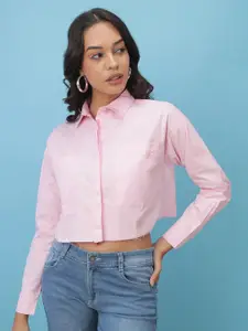 Freehand Pink Cuffed Sleeves Shirt Style Crop Top