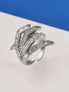 ZIVOM Silver-Plated CZ & Crystals Studded Adjustable Finger Ring