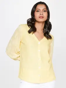 AND V-Neck Puff Sleeves Shirt Style Top