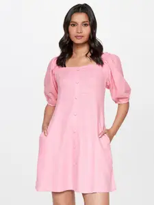 AND Square Neck Puff Sleeve A-Line Dress