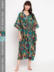 SECRETS BY ZEROKAATA Pack Of 2 Assorted Printed Cotton Kaftan Cover-Up Midi Dress