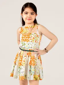 Naughty Ninos Girls Round Neck Floral Printed Fit & Flare Dress With Belt