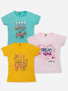 AMUL Kandyfloss Girls Pack Of 3 Typography Printed Pure Cotton T-shirts