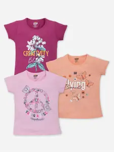AMUL Kandyfloss Girls Pack Of 3 Typography Printed Pure Cotton T-shirts