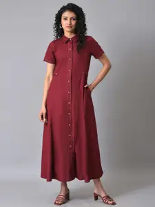 W Flared Hem Pure Cotton Shirt Maxi Dress