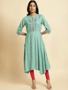 W Sea Green & Red Ethnic Printed Keyhole Neck Thread Work Asymmetric A-Line Kurta