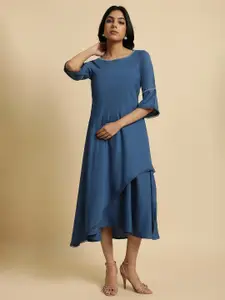 W Blue Bell Sleeves Layered  A-Line Midi Dress