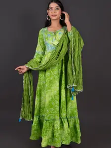 Zolo Label Bandhani Printed Mirror Work Maxi Cotton Ethnic Dress with Dupatta