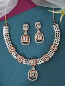 Silvermerc Designs Rose Gold-Plated AD-Studded & Beaded Necklace & Earrings Set