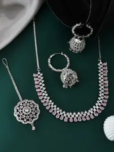 Silvermerc Designs Silver-Plated AD-Studded Necklace With Earrings & Maang Tikka Set