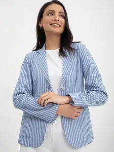 FableStreet Striped Single-Breasted Tailored-Fit Formal Cotton Linen Blazers