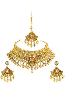 Shining Jewel - By Shivansh Gold-Plated CZ-Studded Necklace & Earring Set With Maang Tika