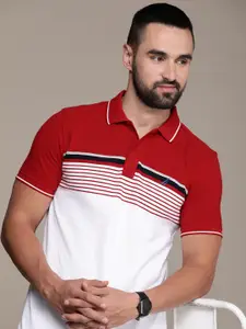 Nautica Striped & Colourblocked Polo Collar Pure Cotton T-shirt