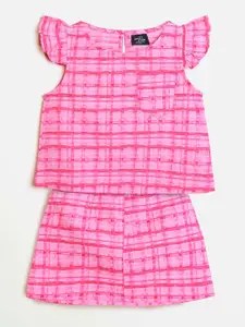 Whistle & Hops Girls Checked Pure Cotton Top With Skirt