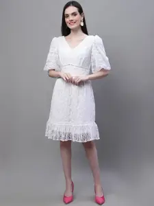 MARC LOUIS Puff Sleeve Ruffled Lace Fit & Flare Dress