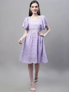 MARC LOUIS Self Design Floral Flared Sleeve Net Fit & Flare Dress