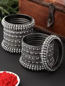 ZENEME Set of 12 Silver-Plated Stone-Studded Brass Bangles
