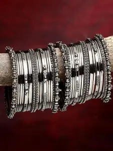 ZENEME Set Of 20 Silver-Plated Textured Oxidised Bangles