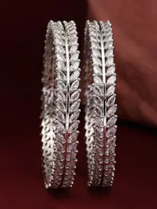 ZENEME Set of 2 Rhodium-Plated Leaf Shaped AD-Studded Brass Bangles