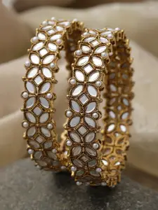 ZENEME Set Of 2 Gold-Plated Kundan-Studded & Pearl Beaded Bangles