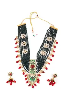 ODETTE Emerald Green with Ruby Beaded Kundan Necklace Set