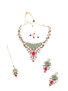 ODETTE Kundan Studded  Necklace & Earrings Set With Maang Tika
