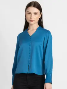SHAYE Mandarin Collar Long Sleeves Comfort Fit Satin Casual Shirt