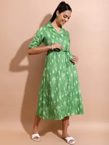 Vishudh Green Ethnic Motifs Printed Spread Collar Shirt Midi Dress