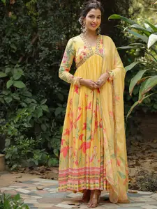 SCAKHI Floral Printed Maxi Empire Ethnic Dresses With Dupatta