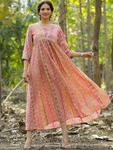 SCAKHI Printed Cotton Panelled Ethnic Maxi Dress