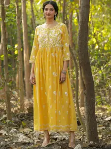 SCAKHI Floral Embroidered Cotton Empire Maxi Ethnic Dress