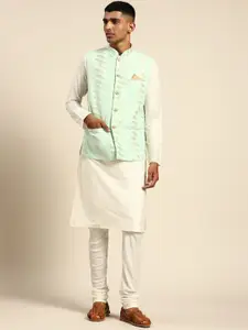 KISAH Mandarin Collar Pure Cotton Kurta With Churidar & Nehru Jacket Set
