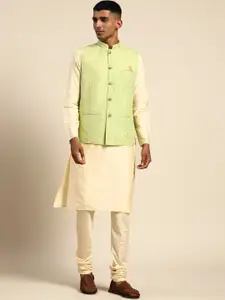 KISAH Mandarin Collar Pure Cotton Kurta With Churidar & Nehru Jacket Set