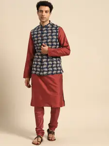 KISAH Mandarin Collar Pure Cotton Kurta With Churidar & Nehru Jacket