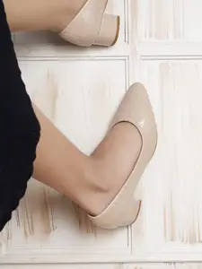 DressBerry Beige Textured Block Heel Pumps