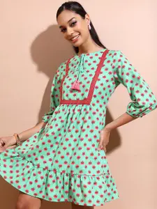 Vishudh Green Floral Printed Tie Up Neck Mini A-Line Dress
