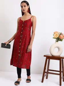 Vishudh Red & Navy blue Ethnic Printed Shoulder Straps Kurta