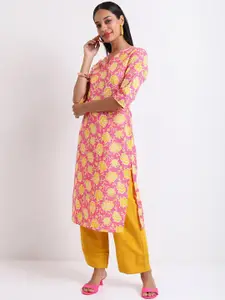 Vishudh Pink & Yellow Floral Printed Sequinned Kurta