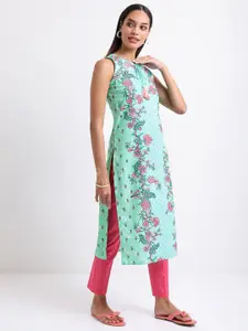 Vishudh Blue & Pink Floral Printed Sleeveless Cotton Kurta