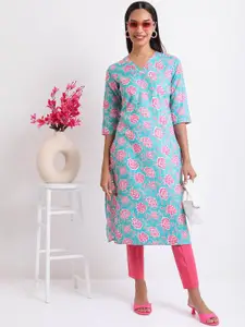 Vishudh Blue & Pink Floral Printed V-Neck Kurta
