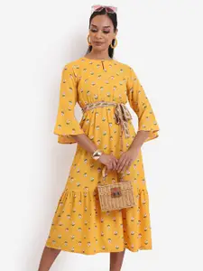 Vishudh Mustard Yellow Floral Printed Keyhole Neck A-Line Midi Dress With Belt