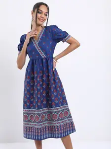 Vishudh Blue Ethnic Motifs Printed Midi Wrap Dress