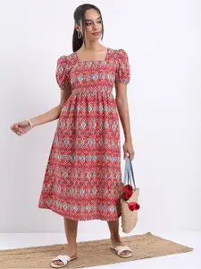 Vishudh Rust Ethnic Motifs Printed Square Neck Midi A-Line Dress