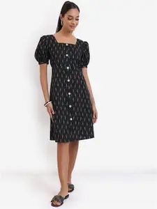 Vishudh Black Ethnic Motifs Printed Square Neck Midi A-Line Dress