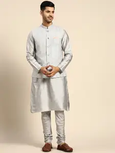 KISAH Mandarin Collar Pure Cotton Kurta With Churidar & Nehru Jacket Set