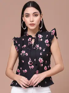 Oomph! Floral Printed Tie-Up Neck Flutter Sleeves A-Line Top