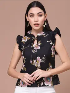 Oomph! Floral Printed Tie-Up Neck Flutter Sleeves Top