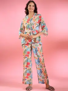 JISORA Floral Printed Pure Silk Lapel Collar Top With Trouser Co-Ords