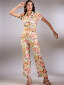 JISORA Floral Printed Shirt Collar Crop Top with Shirt Collar  Co-Ords