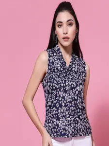 Oomph! Floral Printed Tie-Up Neck Sleeveless Crepe Top